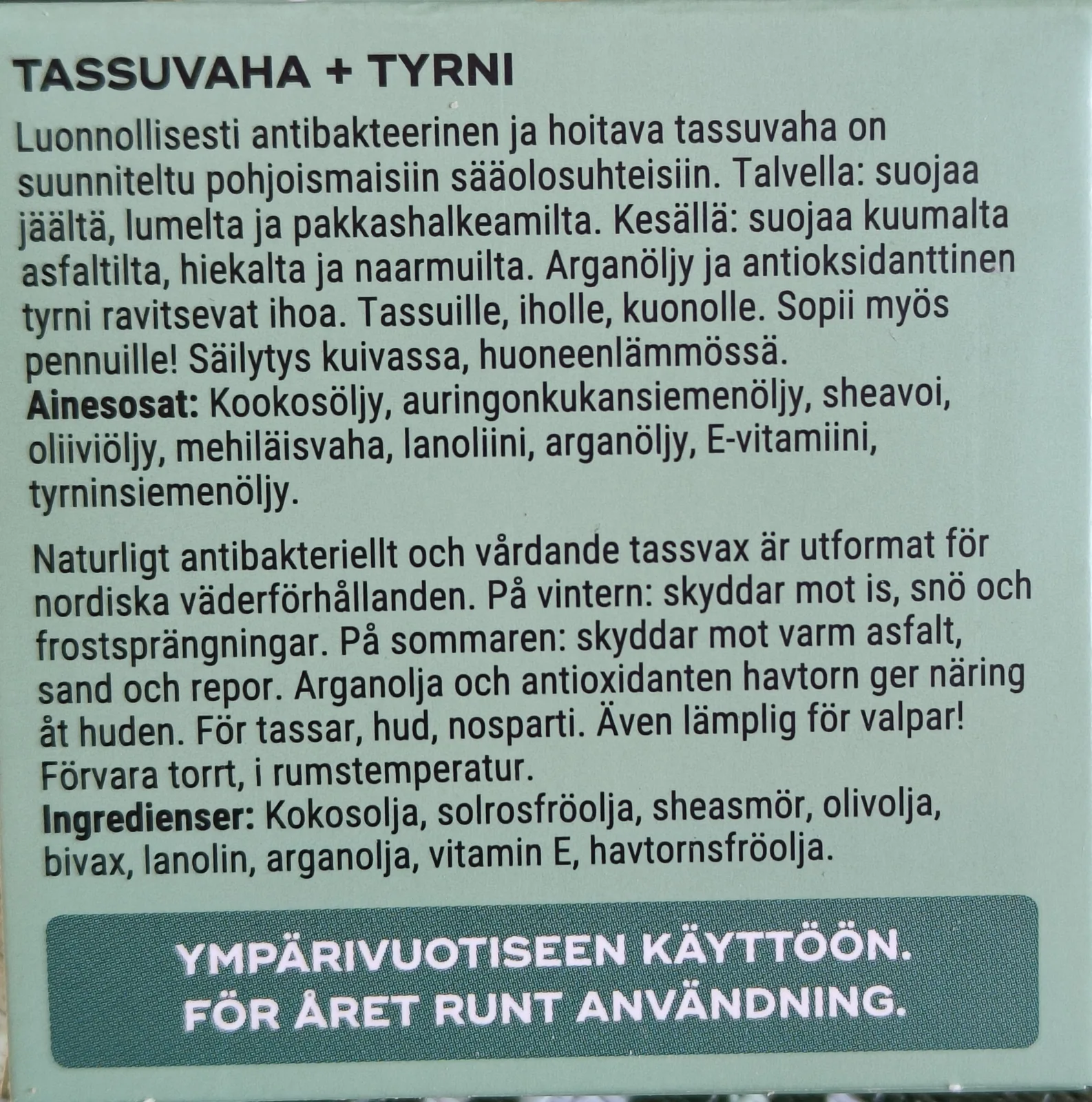 Koiran tassuvahapurkki tuotetietoineen